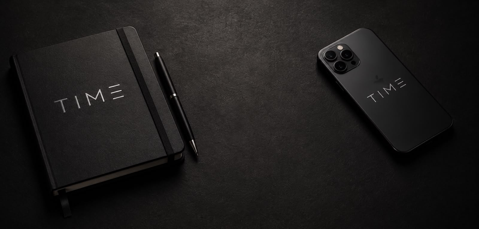 Caderno e celular com a marca TIME